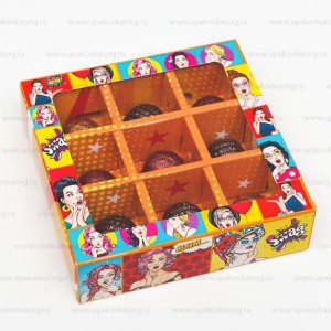 Коробка для 9 конфет POP ART с окном 137x137x35 мм