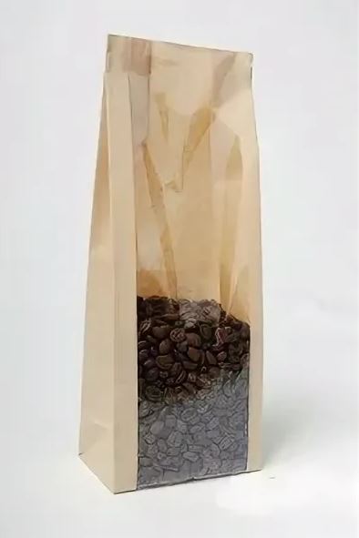 Зерна кофе в крафт пакете с плоским дном и прямоугольным окном