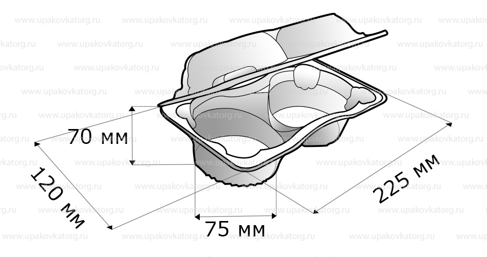 Схематичное изображение товара - Контейнер для пирожных 225x120x700мм 2 ячейки d-75 из ПС