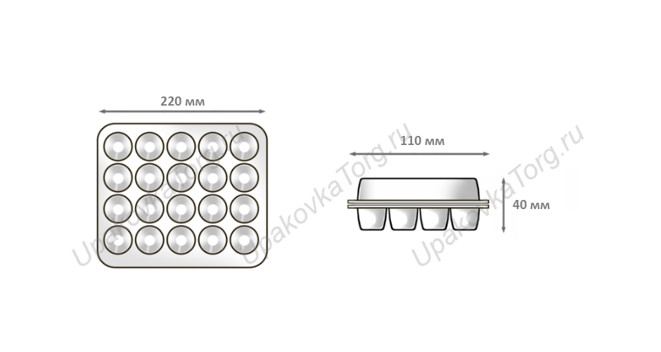 Схематичное изображение товара - Упаковка для 20 перепелиных яиц 220x110x40 мм, ПС
