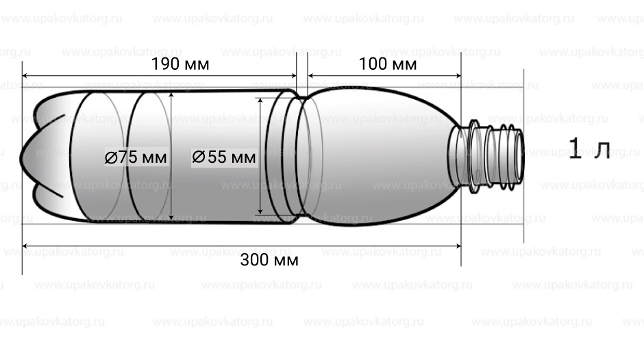 Схематичное изображение товара - Бутылка 1 л, прозрачная, ПЭТ, с крышкой
