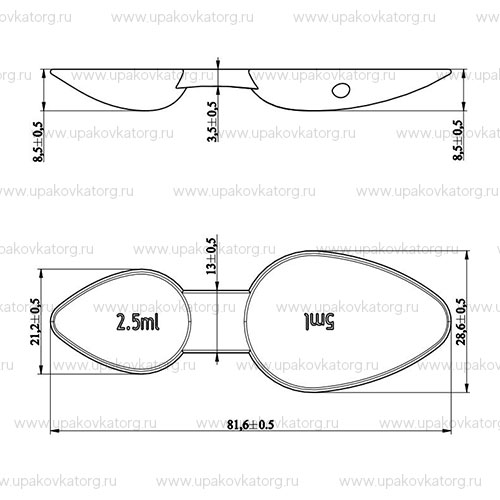 Схематичное изображение товара - Ложка мерная двухсторонняя 2,5 мл - 5 мл 82х29х8 мм ПП