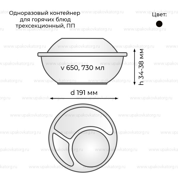 Схематичное изображение товара - Одноразовый контейнер для горячих блюд трехсекционный d-191мм круглый ПП