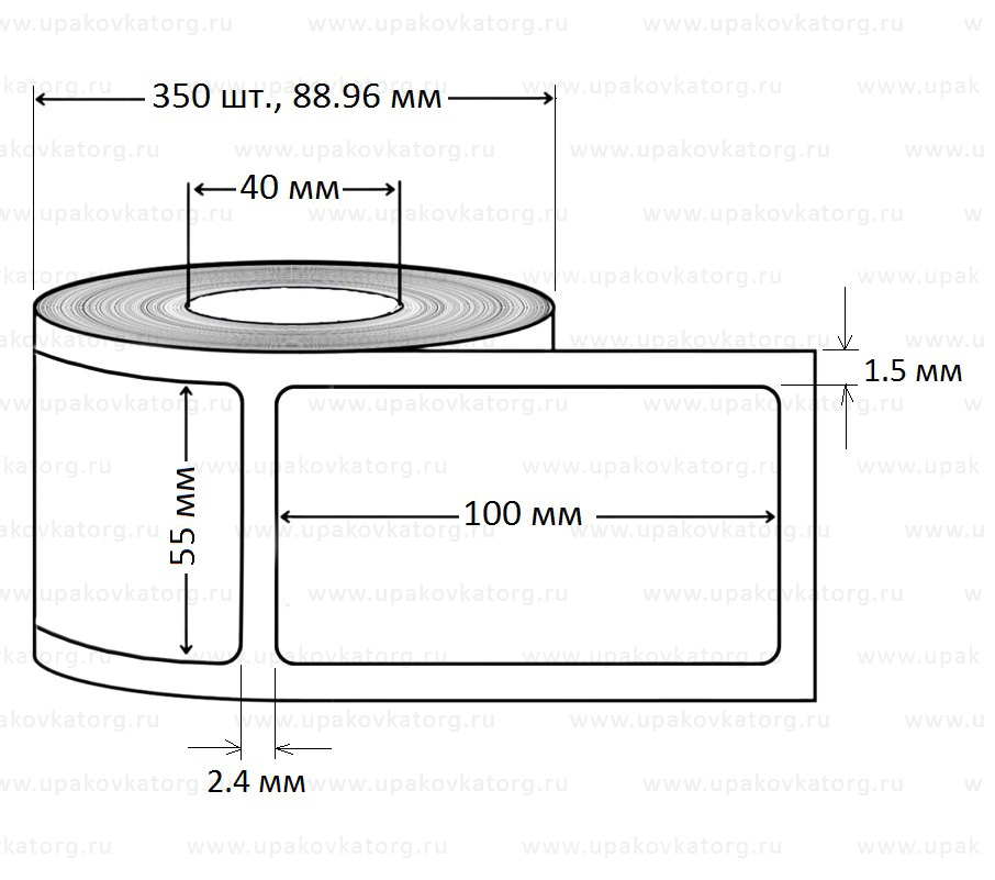 Схематичное изображение товара - Полипропиленовая термотрансферная этикетка 55х100 мм белая в рулоне 