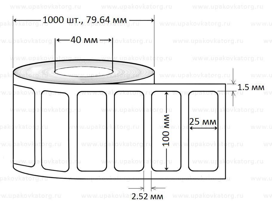 Схематичное изображение товара - Полипропиленовая термотрансферная этикетка 100х25 мм белая в рулоне 